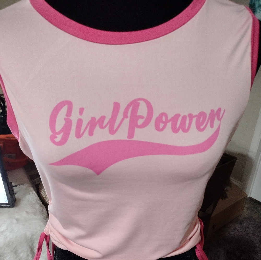 Girl Power Pink DK Pink Trim/ SZ L/Side ties/ New..no tags/ Cute!